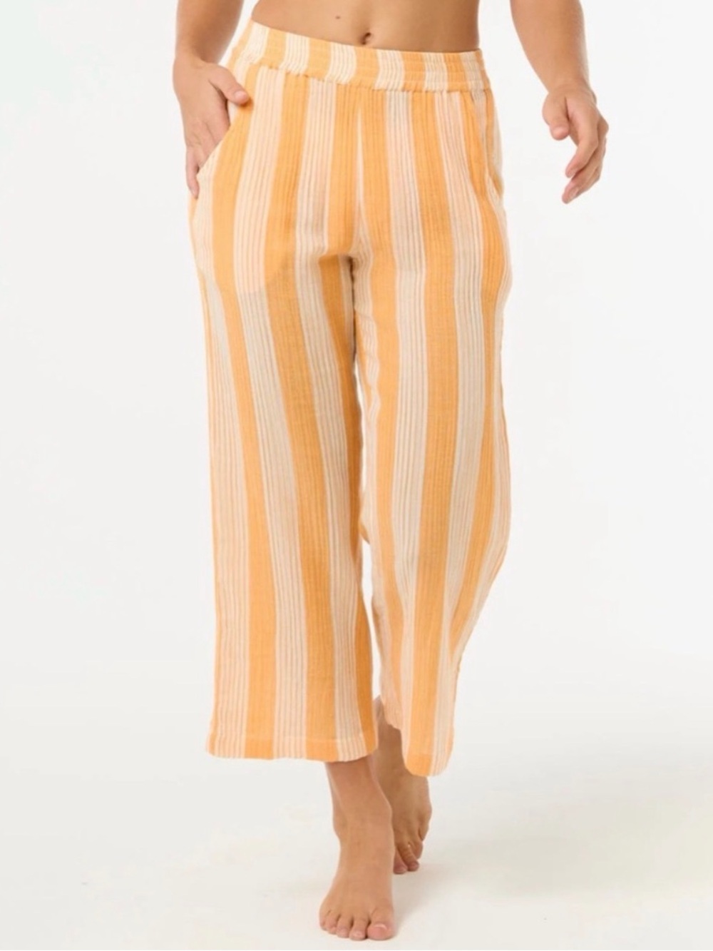 Womens Rip Curl Surf Stripe Crop Wide-Leg Lounge Pants in Peach & Cream